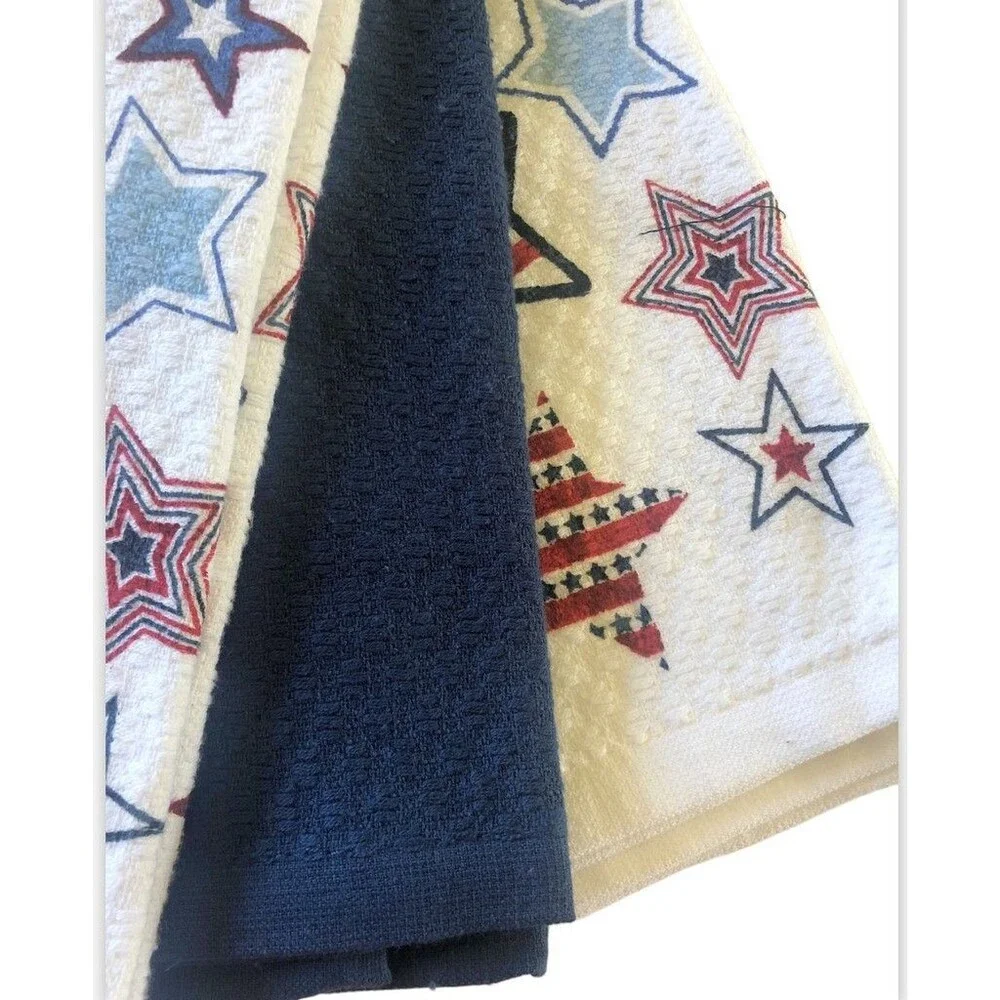 Martha Stewart Kitchen Dish Towels Set Of 3 Red White Blue Stars July 4th 16X28